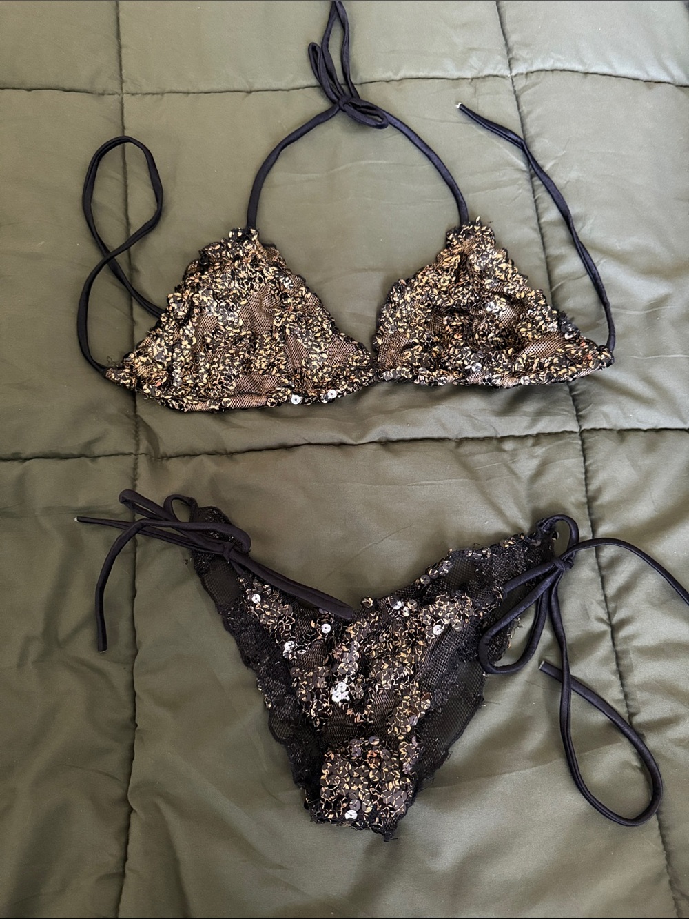 Sequin Embellished Black Tie-Side Bikini Set